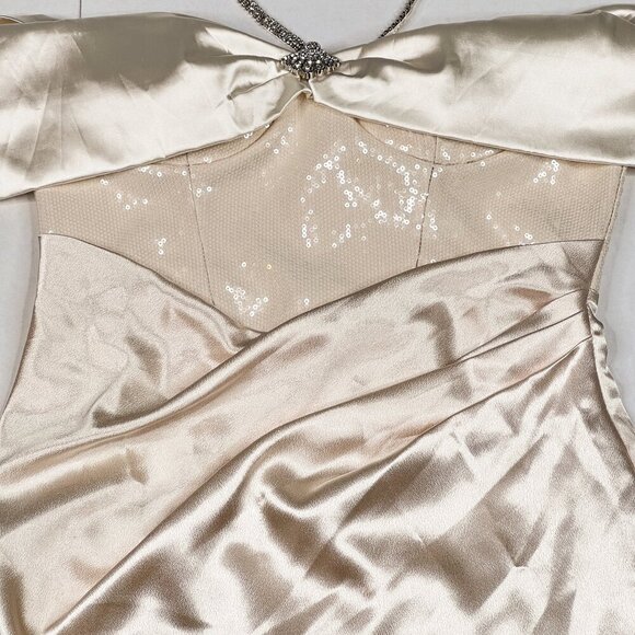 OZLANA Voyage Ivory Satin Off-Shoulder Sequin Rhinestones Tulip Dress Sz L - NWT - Picture 7 of 14